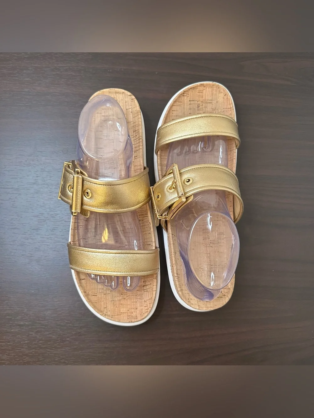 Michael Kors Colby Gold Leather Slide Sandals Buckle Cork Footbed Women's 11